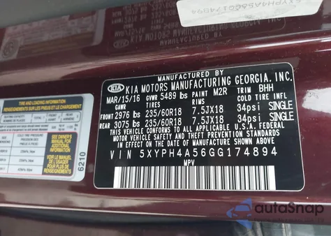 2016 Kia Sorento 3.3L Ex z USA, uszkodzony, nr VIN 5XYPH4A56GG174894